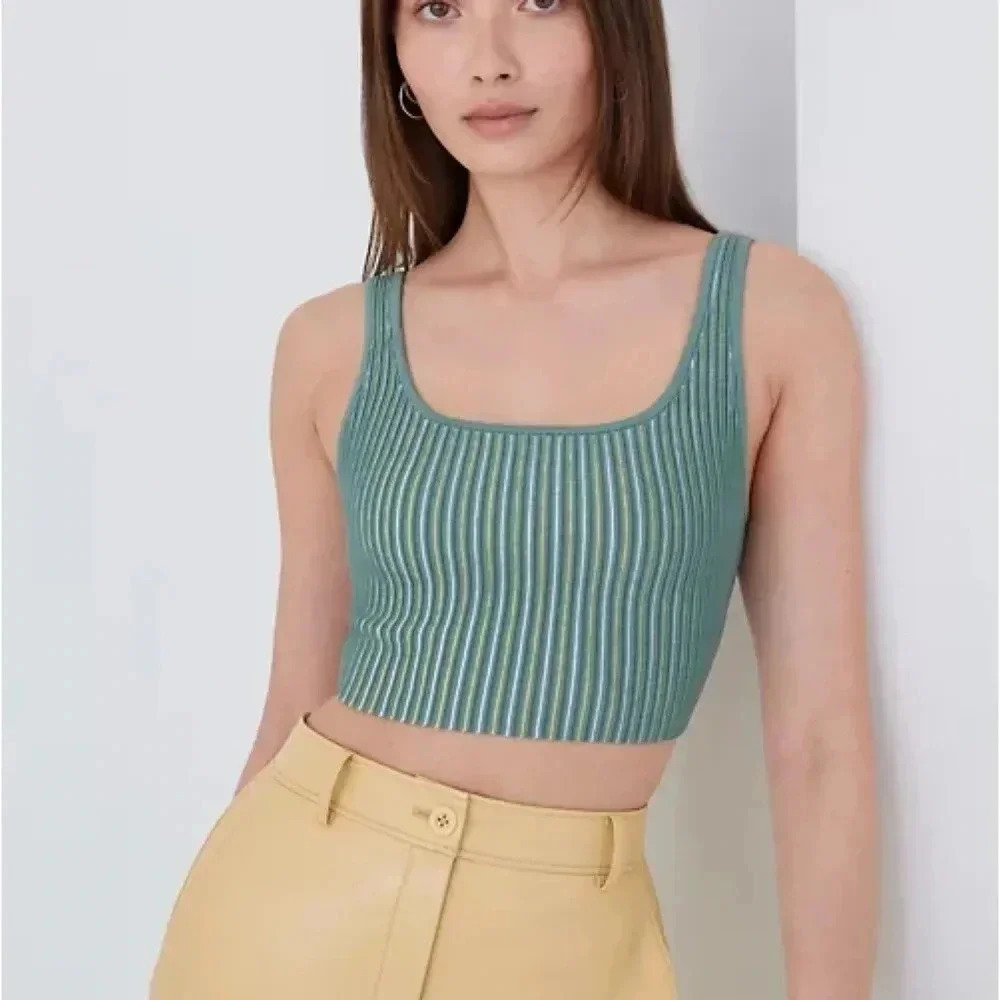 NWT Aritzia Babaton Sculpt Knit Cropped Tank Top Yucca Green Stripe XS